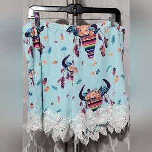 Bull Skulls | Floral Boho Shorts | Crochet Lace Hem | Sky Blue | Lined